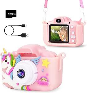PROGRACE Kids Camera for Girls - Toddler Dual Camera Toys Portable HD Kids Camera Birthday Christmas New Year Unicorn Gifts for Girls Age 3 4 5 6 7 8-32G SD Card,Pink