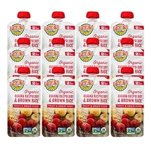 Earth's Best Organic Baby Food Pouches, Stage 2 Fruit and Grain Puree for Babies 6 Months and Older, Organic Banana Raspberry and Brown Rice Puree, 4.2 oz Resealable Pouch (Pack of 12)