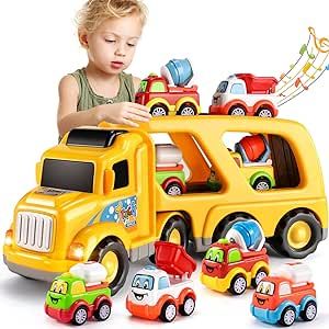 TEMI Construction Truck Toys for 3 4 5 6 Year Old Boys, 5-in-1 Friction Power Toy for Kids 3-5, Carrier Truck Cars for Toddlers 3+, Kids Toys Set for Age 3-9, Christmas for 3+