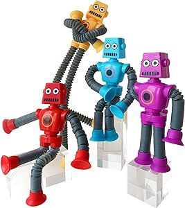 Boxgear 4 Pieces LED Telescopic Suction Cup Robot Toy, Shape Changing Telescopic Tube Fidget Toys, Pop Tubes, Fidget Tubes Sensory Toys for Girls Boys (Robot)