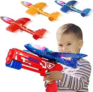 LED Light Airplane Launcher Toy Set with 3 Airplane, Foam Glider Outdoor Flying Games Toys for Kids, Throwing Catapult Plane, Birthday Gifts for Boys Girls Age 3 4 5 6 7 8 9 10 11 12 Years Old