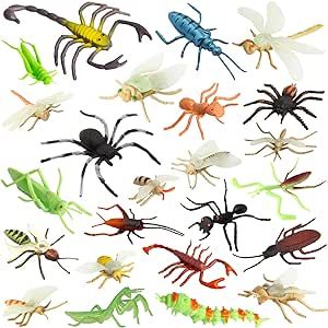 PINOWU Insect Bug Toy Figures for Kids Boys Girls (24pcs), 2-4” Fake Bugs - Spiders, Cockroaches, Scorpions, Crickets, Lady Bugs, Mantis and Worms for Education and Christmas Party Favors