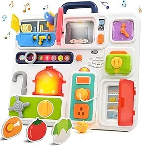Busy Board Travel Toys for Toddlers 1-3, Montessori Baby Toys for 1 2 Year Old Girl Boy Birthday Gift - Light Music Play Kitchen Accessories, 12-18 Months Kitchen Educational Travel Kids Toys Games