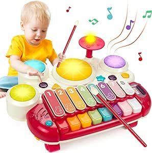 Marstone Baby Toys 1 Year Old Girl Birthday Gift, 5 in 1 Musical Instrument for Toddlers 1-3 with Piano, Xylophone, Whack a Mole, Drum Set, Sound and Music, Montessori Toys for Girls Boys 12-18 Months