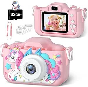Anesky Kids Camera, Toy Camera for Kids Aged 3 4 5 6 7 8 9 10 11 12, 1080P HD Toddler Digital Video Camera, Children's Camera for Boys and Girls, Perfect Christmas & Birthday Gifts, 32GB Card - Pink