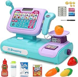 POQCCT Play Cash Register Toy with Scanner for Kids-Pretend Talking Calculator Cash Register with Paging Microphone, Credit Card, Play Money for 3 Year Old, Blue, 21 Pieces