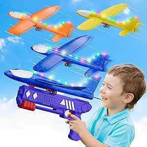 3-Pack LED Airplane Toy, Airplane Launcher Toy - 2 Flight Modes, Foam Glider Planes, Outdoor Toys for Kids Ages 3 4 5 6 7 8 9 10 11 12 Year Old Boys & Girls Birthday Gift, Educational Flying Kids Toys