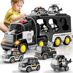 TEMI Police Truck Toys for Toddler 3 4 5 6 Years Old Boys - 5-in-1 Friction Power Emergency Vehicle, Police Car Toy for Toddlers 3-5, Carrier Truck Toys for Kids 3-5, for Girl Age 3-9