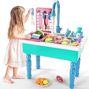 SmartChef Play Kitchen Sink Toys, Blue Electric Dishwasher Playing Toy with Running Water, Play Food & Tableware Accessories, Kitchen Set Toys, Role Play Sink Set for Toddlers Kids Boys Girls