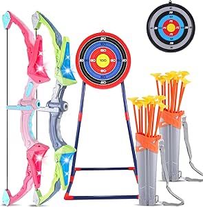 LeagoEra Kids Bow and Arrow Set LED Light Up Archery Toy Set with 20 Suction Cup Arrows Target and Quiver Indoor and Outdoor Kids Toys Boys Girls Bow and Arrow Toys