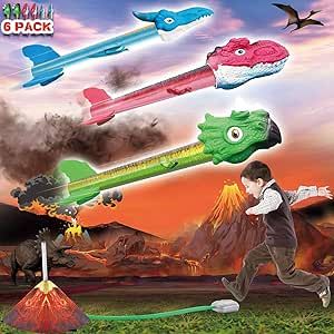HONGID Dinosaur Rocket Launcher Toys for Kids 3-9,Launch Up to 100 Ft, 6 Dino Rockets, Outdoor Outside Toys for Kids 4-8, Birthday for 2-10 Year Old Boys Girls,Stocking Stuffers for Kids Toys