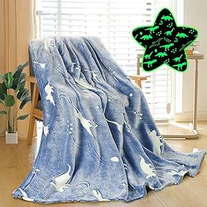 Glow in The Dark Dinosaur Throw Blanket for Boys - Blue Dinosaur Flannel Glowing Blanket for Bed Sofa Couch 50 X 60 inch, Birthday Gift for Kids and Adult,Dinosaur Toys for Kids 3-5…