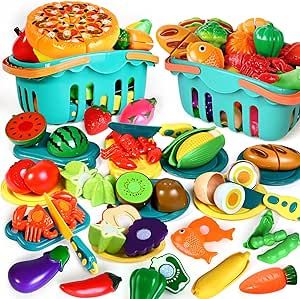 100 Pcs Play Food Set for Kids Kitchen, Pretend Food Toy for Toddlers Age 1-3, Plastics Cutting Fake Food/ Fruit/ Vegetable Accessories with 2 Baskets, Birthday Gifts for 2 3 4 5 Years Old Boys Girls