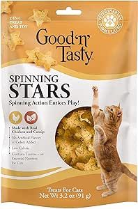 Good N Tasty Spinning Stars Cat Treats, 3.2 Ounce Bag, 2-in-1 Treat & Toy Made with Real Chicken, Chicken Liver & Catnip, Encourages Playfulness & Low Calorie