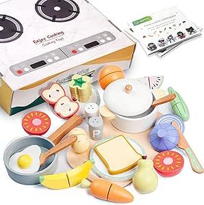 Treehouse kids, Wooden Food Set for Kids with Cookbook Magical Recipes, Wood Velcro Cutting Fruit and Vegetables Toy for Toddlers, Cooking Pretend Play, Kitchen Accessories, Early Education Toys
