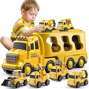 TEMI Construction Toddler Truck Toys for 3 4 5 6 Year Old Boys - 5-in-1 Friction Power Vehicle Car Toy for Toddlers 1-3, Carrier Truck Toys for Kids 3-5, Christmas Birthday Gifts for Girls Age 3-9