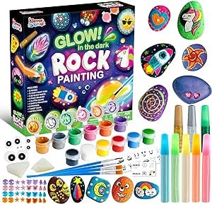 12 Rock Painting Kit, 43 Pcs Arts and Crafts for Kids Ages 6-8+, Art Supplies with 18 Paints (Glow in The Dark & Metallic & Standard), Craft Paint Kits, Kids Toy Gifts for Boys and Girls Ages 4+