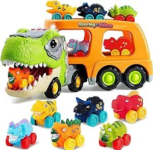 JOYIN Dinosaur Truck for Kids with 6 Soft Rubber Dinosaur Car Vehicles, 1 Toy Dinosaur Transport Carrier Truck with Music and Roaring Sound, Flashing Lights, Mini Dinosaur Car Playset, Gift for Boys